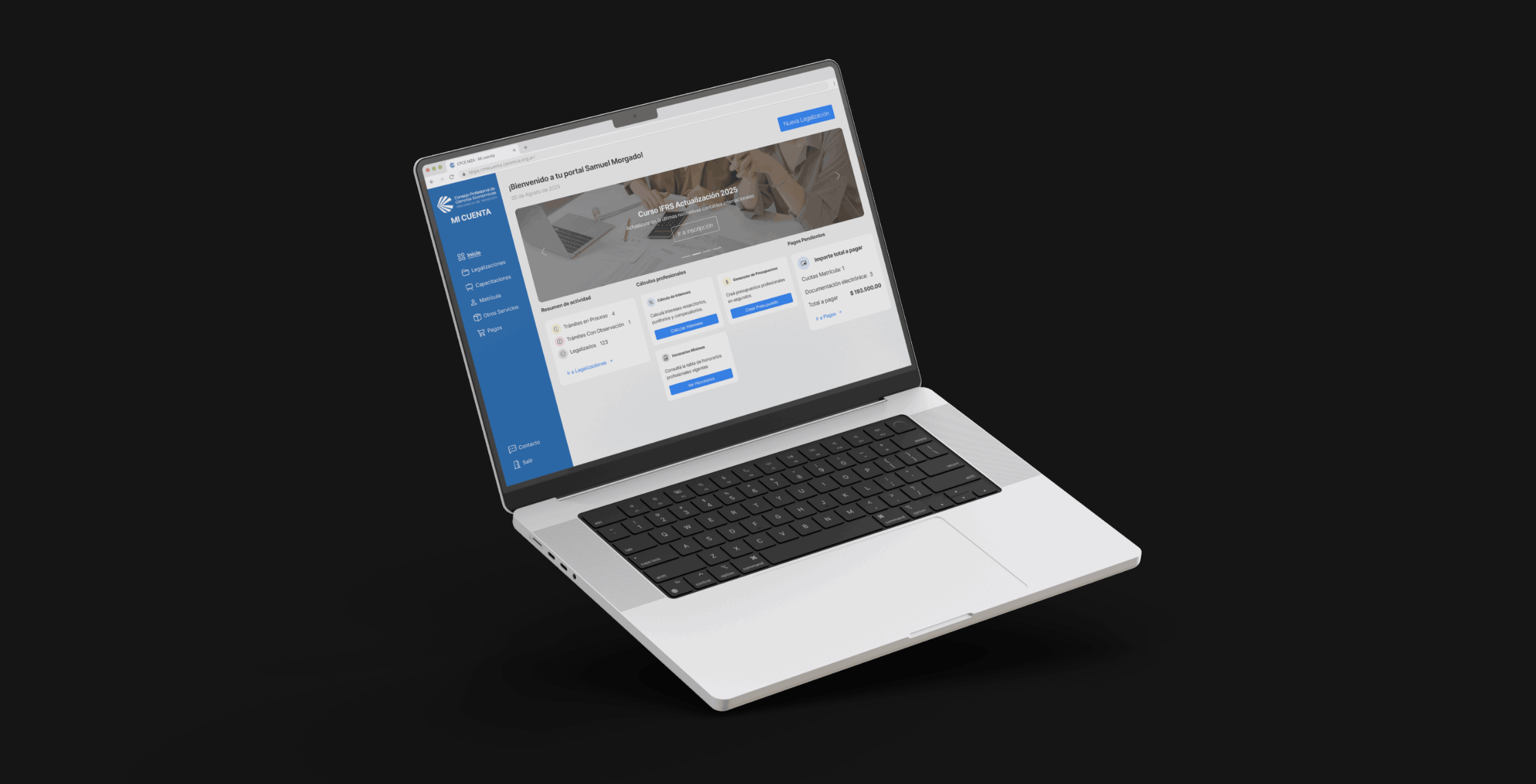 laptop mockup with CPCEMZA Mi Portal home Dashboard screen